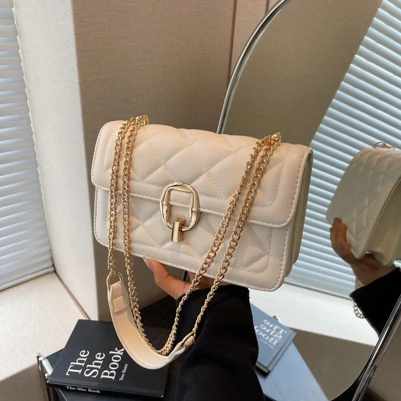 Women Rhomboid Lock Crossbody Bag Brown Gold Chain - Image 2