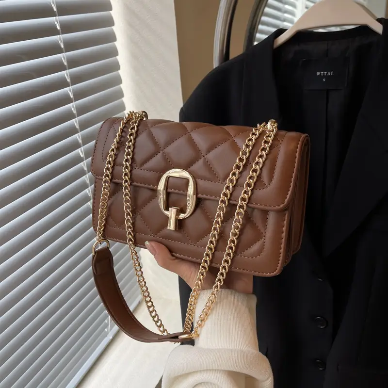 Women Rhomboid Lock Crossbody Bag Brown Gold Chain - Image 3