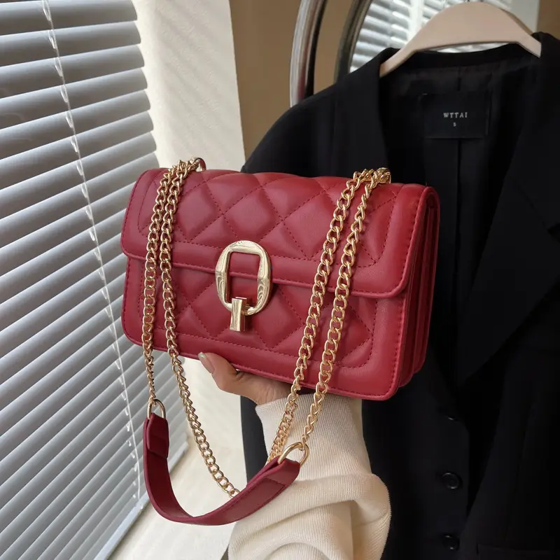 Women Rhomboid Lock Crossbody Bag Brown Gold Chain - Image 4