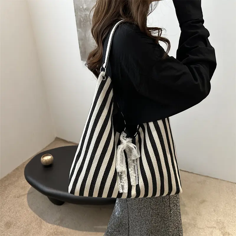 2024 Striped Canvas Shoulder Bags for Women - Image 5