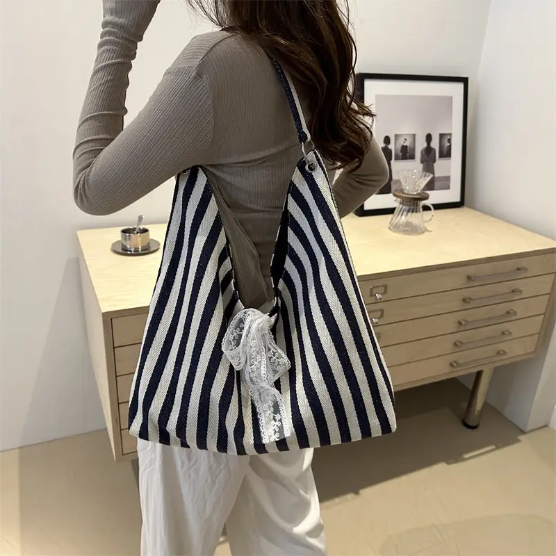 2024 Striped Canvas Shoulder Bags for Women - Image 6
