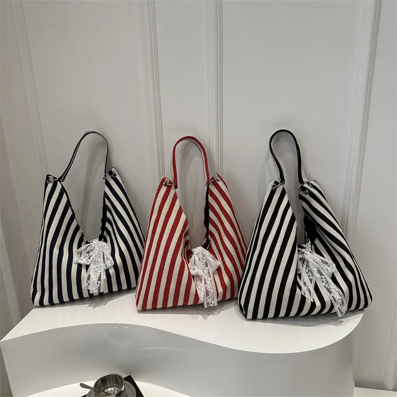 2024 Striped Canvas Shoulder Bags for Women - Image 7