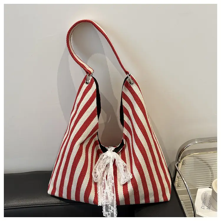 Women Striped Contrast Large Bag 2024 New Canvas - Image 4