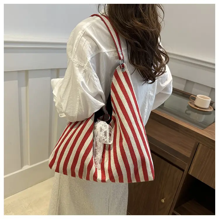Women Striped Contrast Large Bag 2024 New Canvas — feature 14