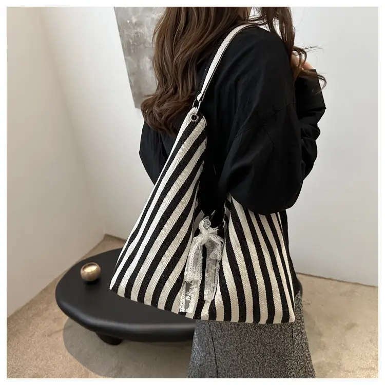 Women Striped Contrast Large Bag 2024 New Canvas — feature 9