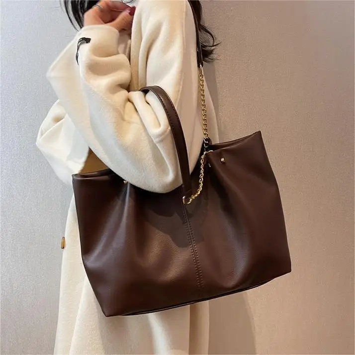 Brown Leather Chain Shoulder Bag for Women