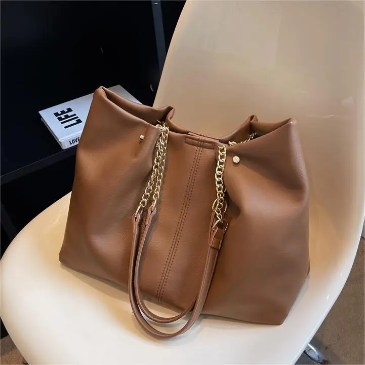 Brown Leather Chain Shoulder Bag for Women