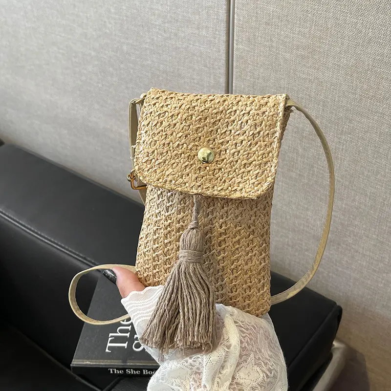 Women's Straw Woven Mobile Phone Bag with Tassel Crossbody