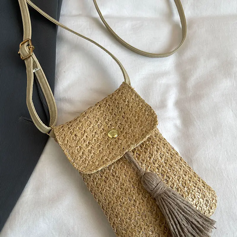 Women's Straw Woven Mobile Phone Bag with Tassel Crossbody