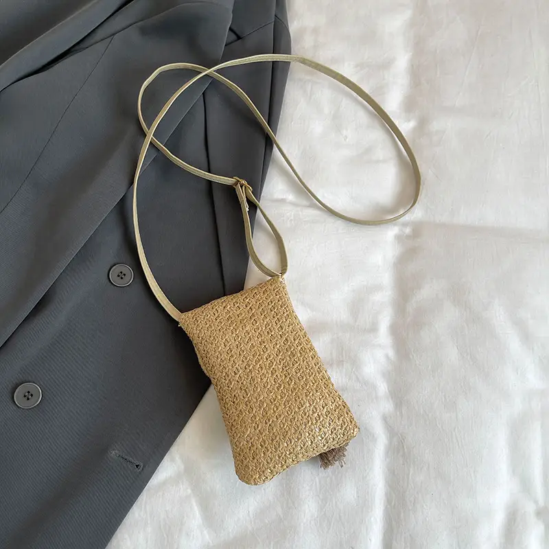 Women's Straw Woven Mobile Phone Bag with Tassel Crossbody