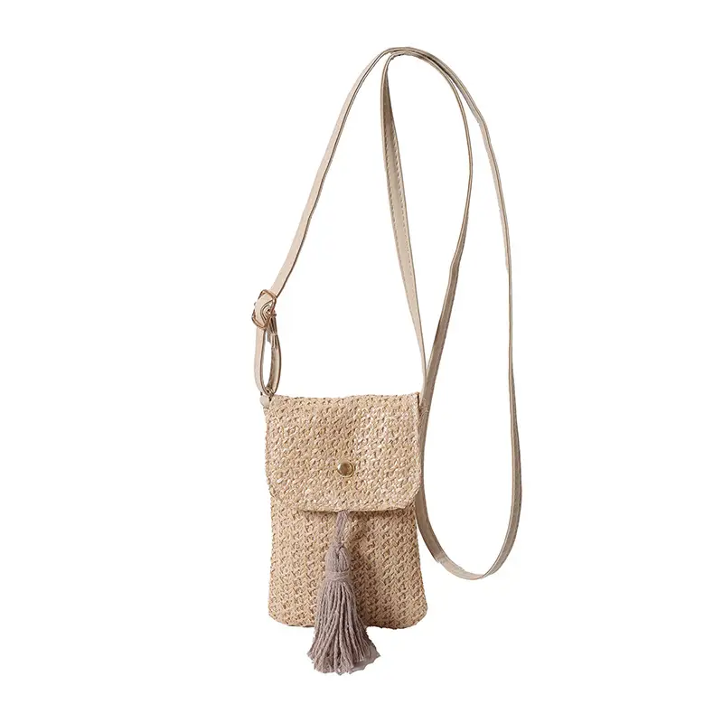 Women's Straw Woven Mobile Phone Bag with Tassel Crossbody