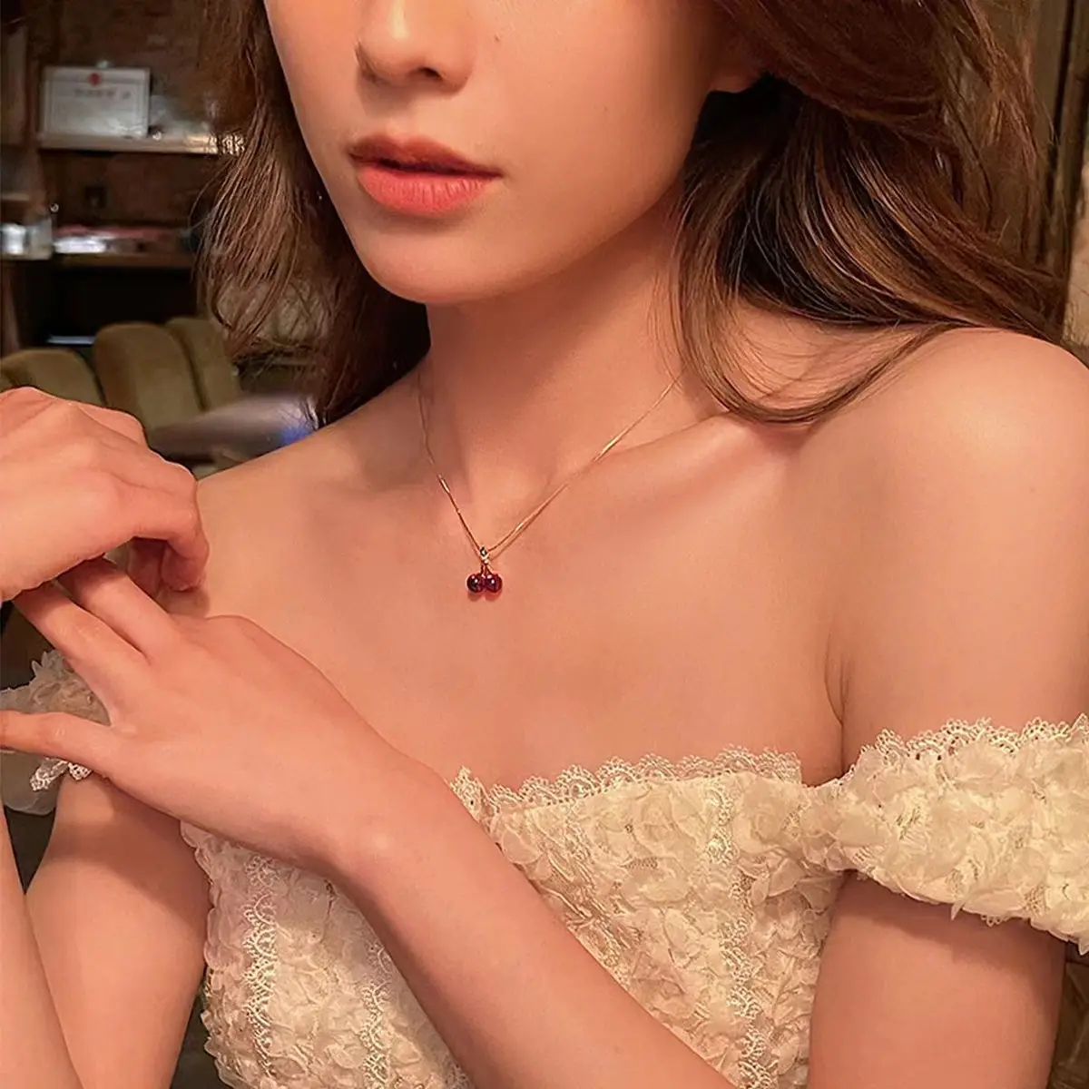 Korean Cherry Necklace for Women Red Cherry Design - Image 5