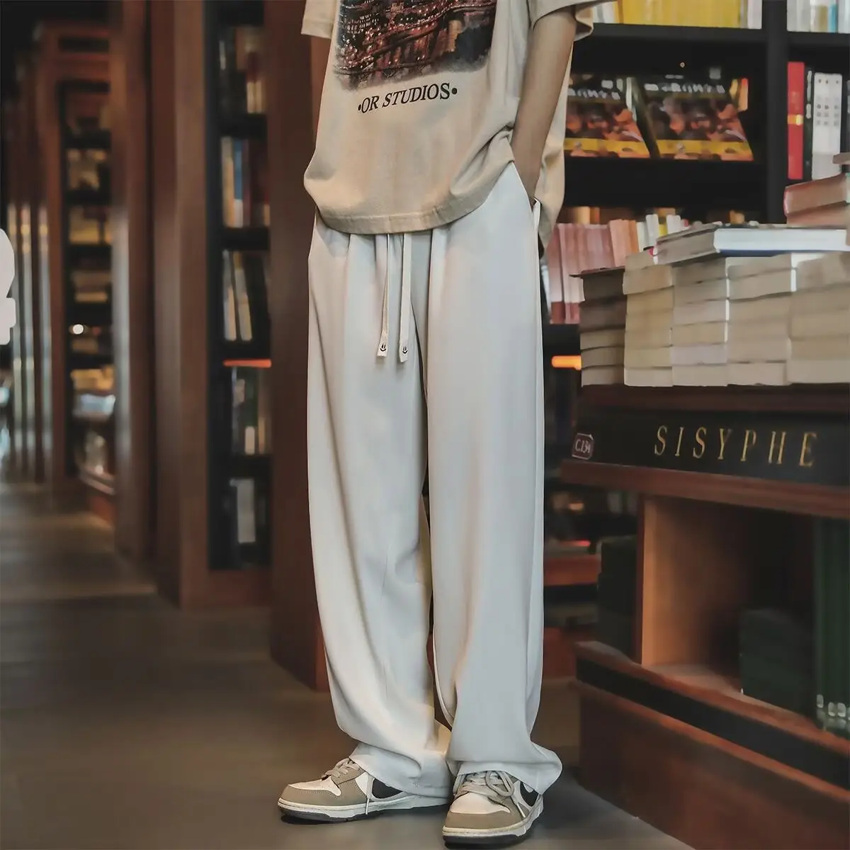 Men's Black Drawstring Pants with White Zipper - Image 5