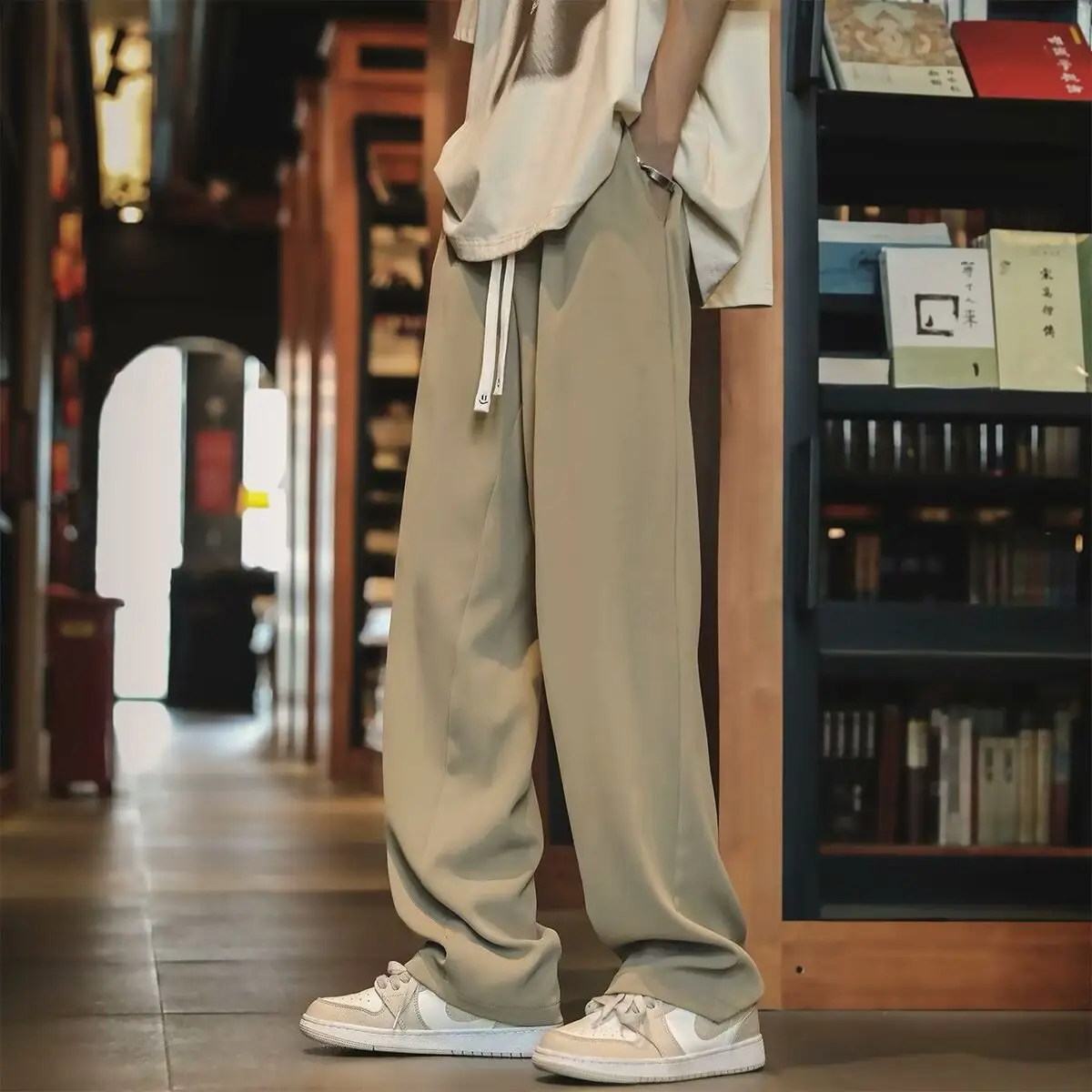 Men's Black Drawstring Pants with White Zipper - Image 6
