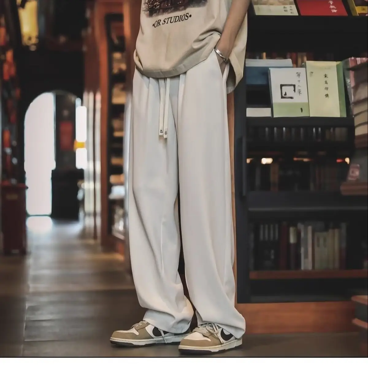 Men's Black Drawstring Pants with White Zipper — feature 16