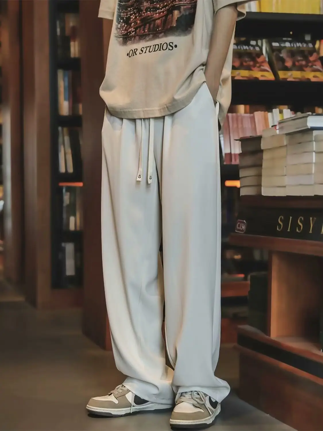Men's Black Drawstring Pants with White Zipper — feature 2