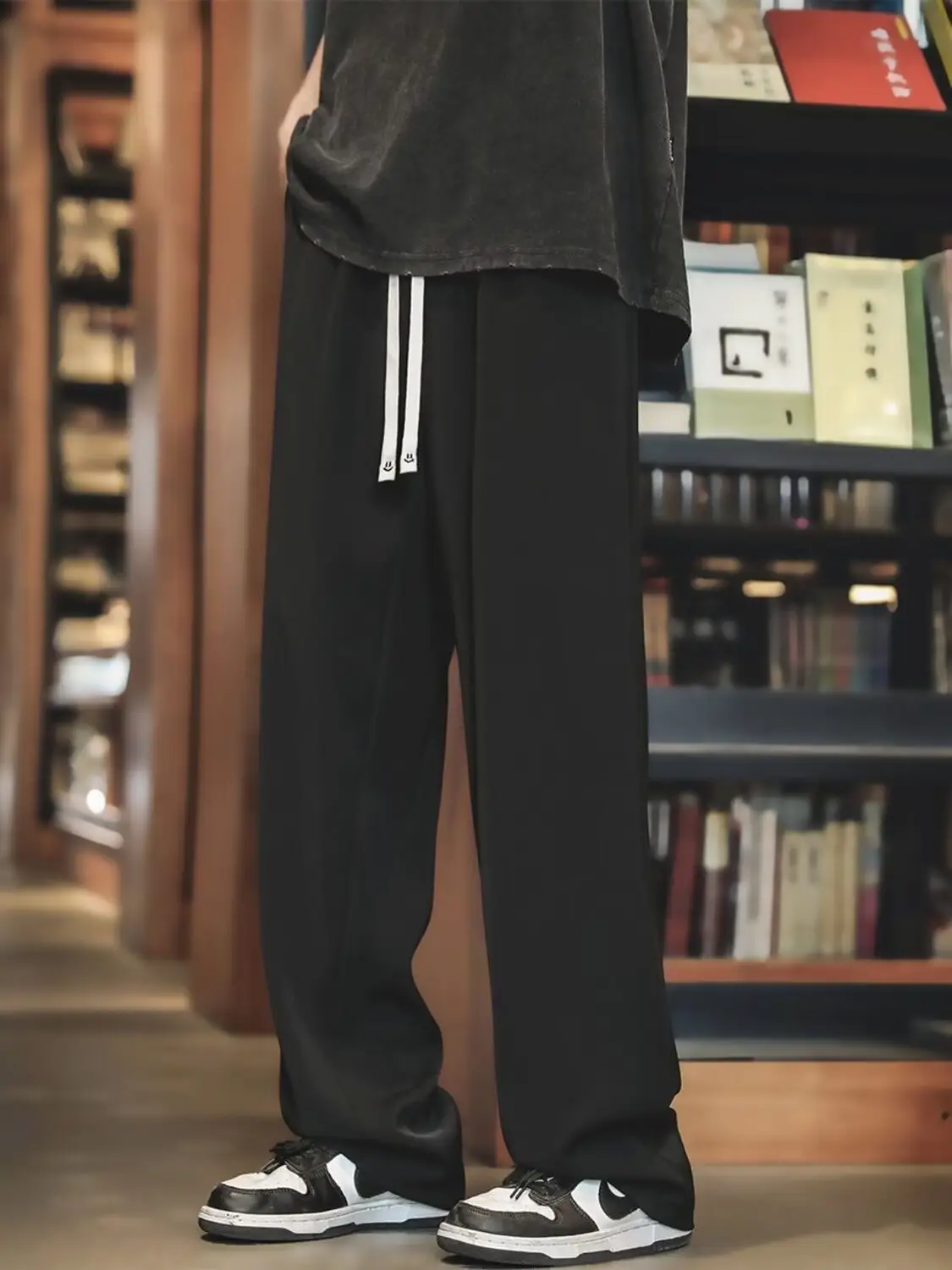 Men's Black Drawstring Pants with White Zipper — feature 3