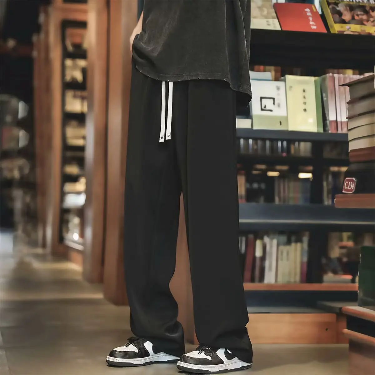 Men's Black Drawstring Pants with White Zipper - Image 2
