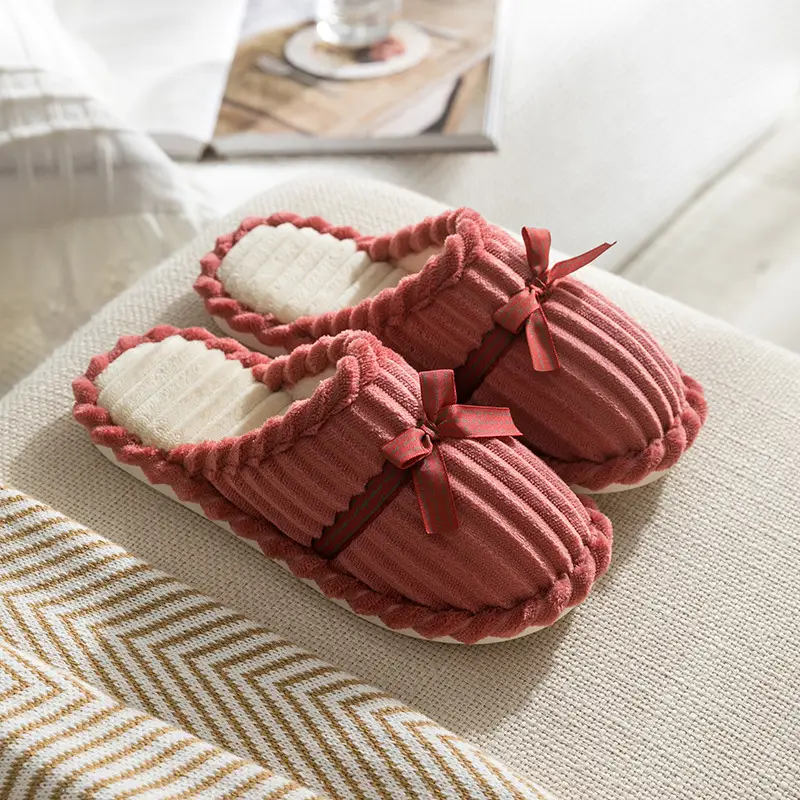 Cotton Bow Slippers for Men Pink Warm Indoor