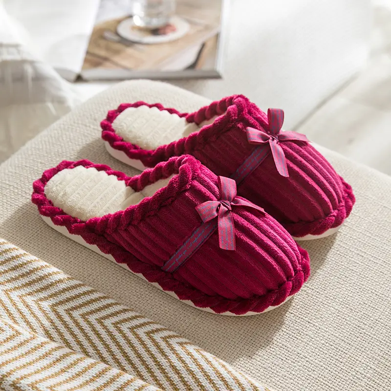 Cotton Bow Slippers for Men Pink Warm Indoor