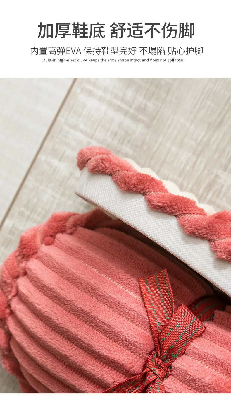 Cotton Bow Slippers for Men Pink Warm Indoor — feature 10