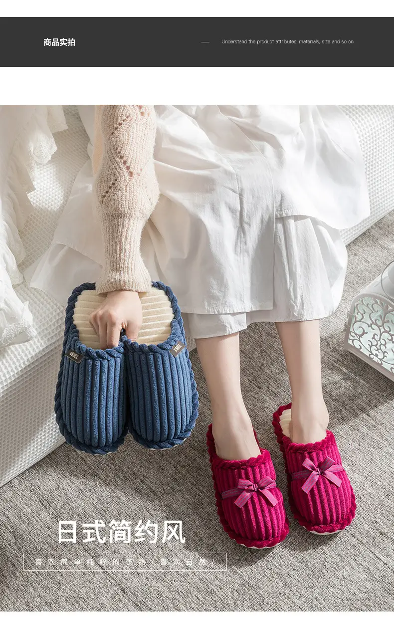 Cotton Bow Slippers for Men Pink Warm Indoor — feature 12