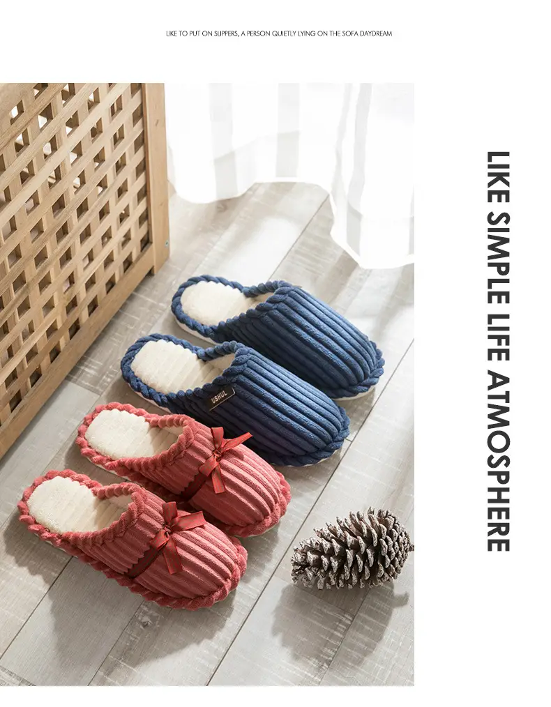 Cotton Bow Slippers for Men Pink Warm Indoor — feature 14