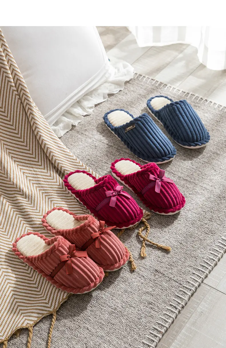 Cotton Bow Slippers for Men Pink Warm Indoor — feature 15