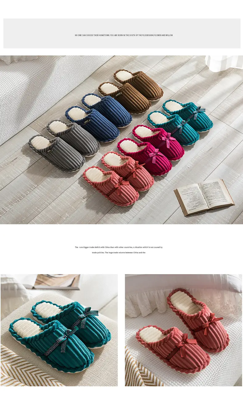 Cotton Bow Slippers for Men Pink Warm Indoor — feature 16