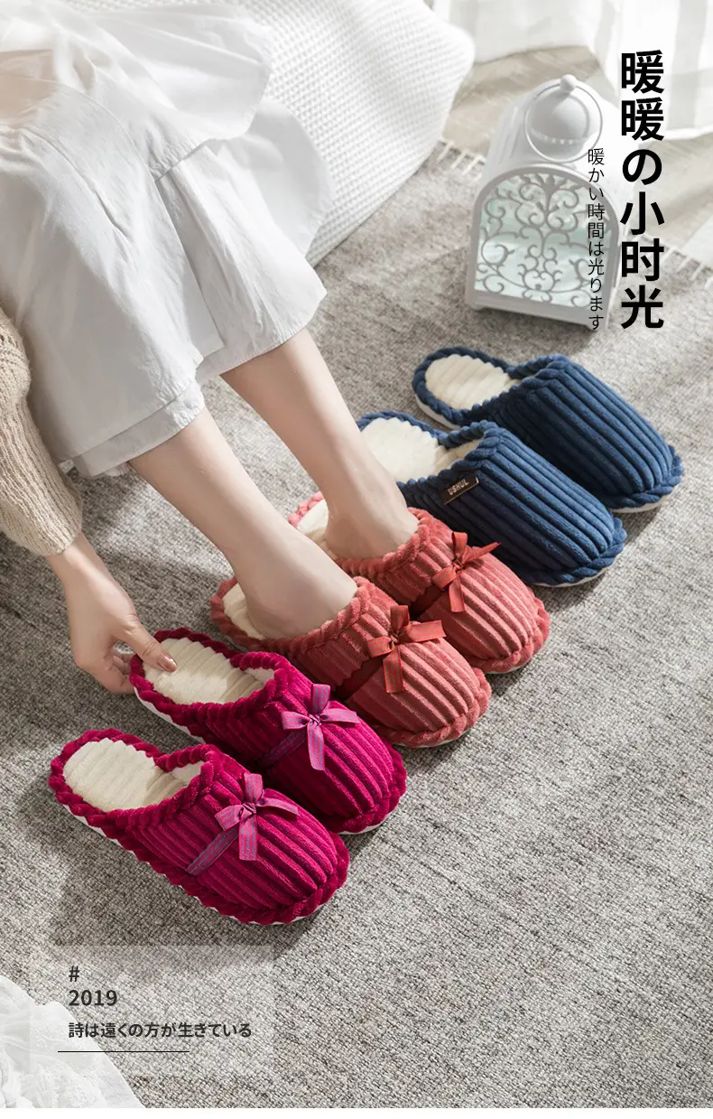 Cotton Bow Slippers for Men Pink Warm Indoor — feature 2
