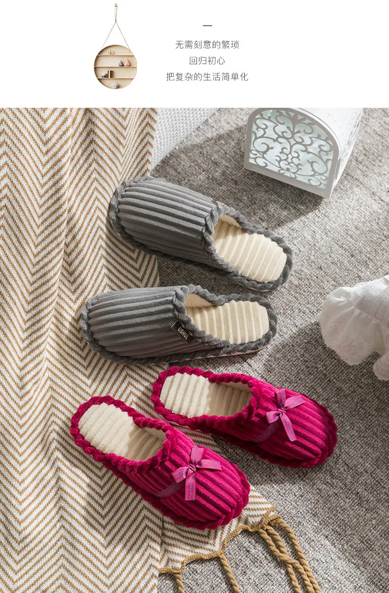 Cotton Bow Slippers for Men Pink Warm Indoor — feature 3