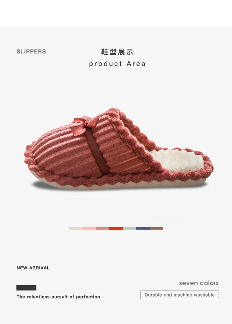 Cotton Bow Slippers for Men Pink Warm Indoor — feature 4