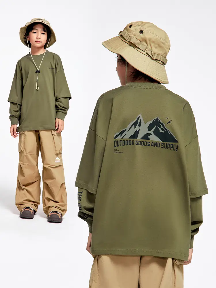 Kids Outdoor Hooded T-Shirt Set Green Brown - Image 3