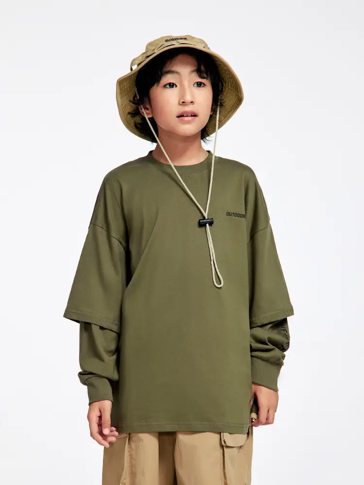 Kids Outdoor Hooded T-Shirt Set Green Brown - Image 5