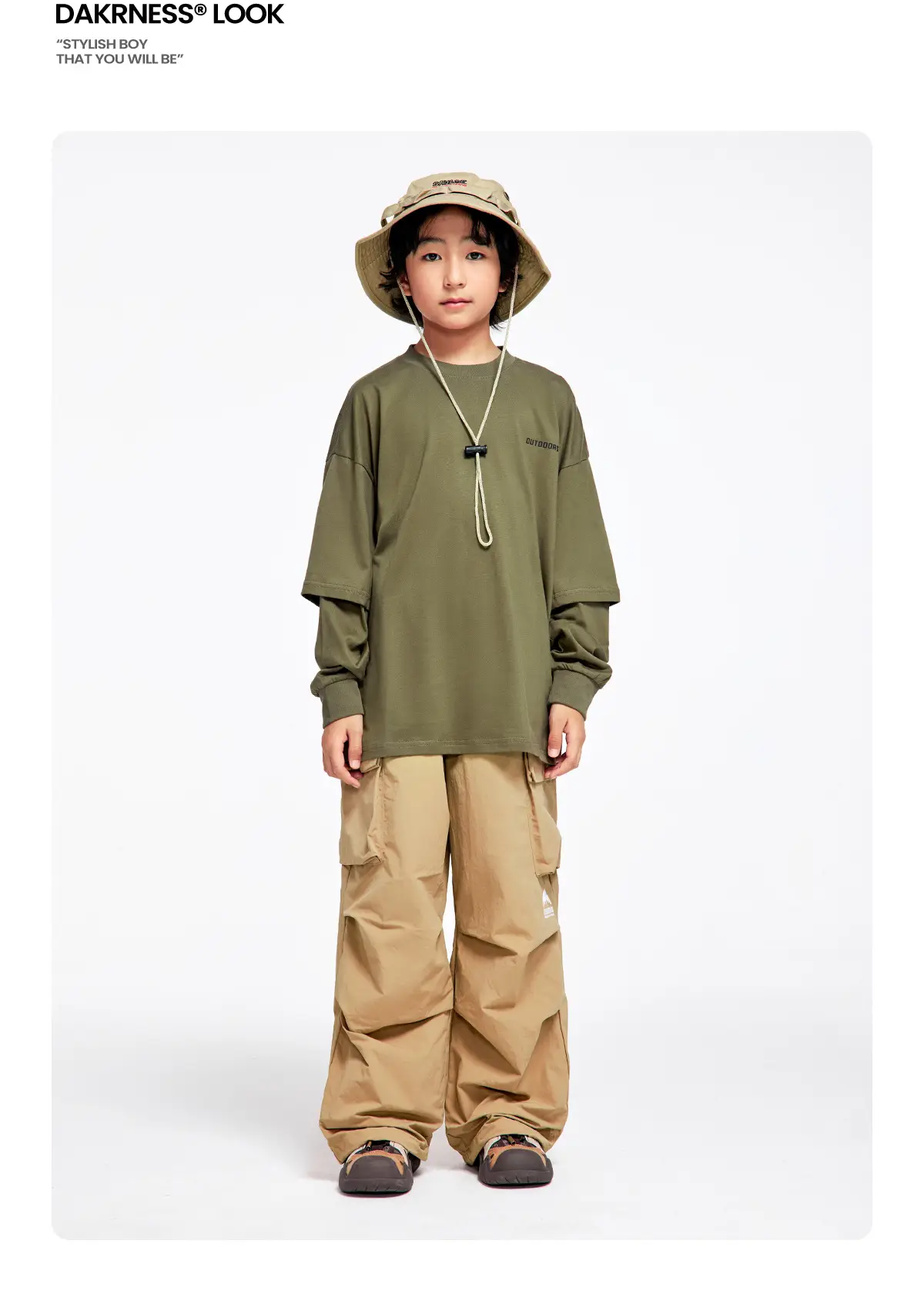 Kids Outdoor Hooded T-Shirt Set Green Brown — feature 16