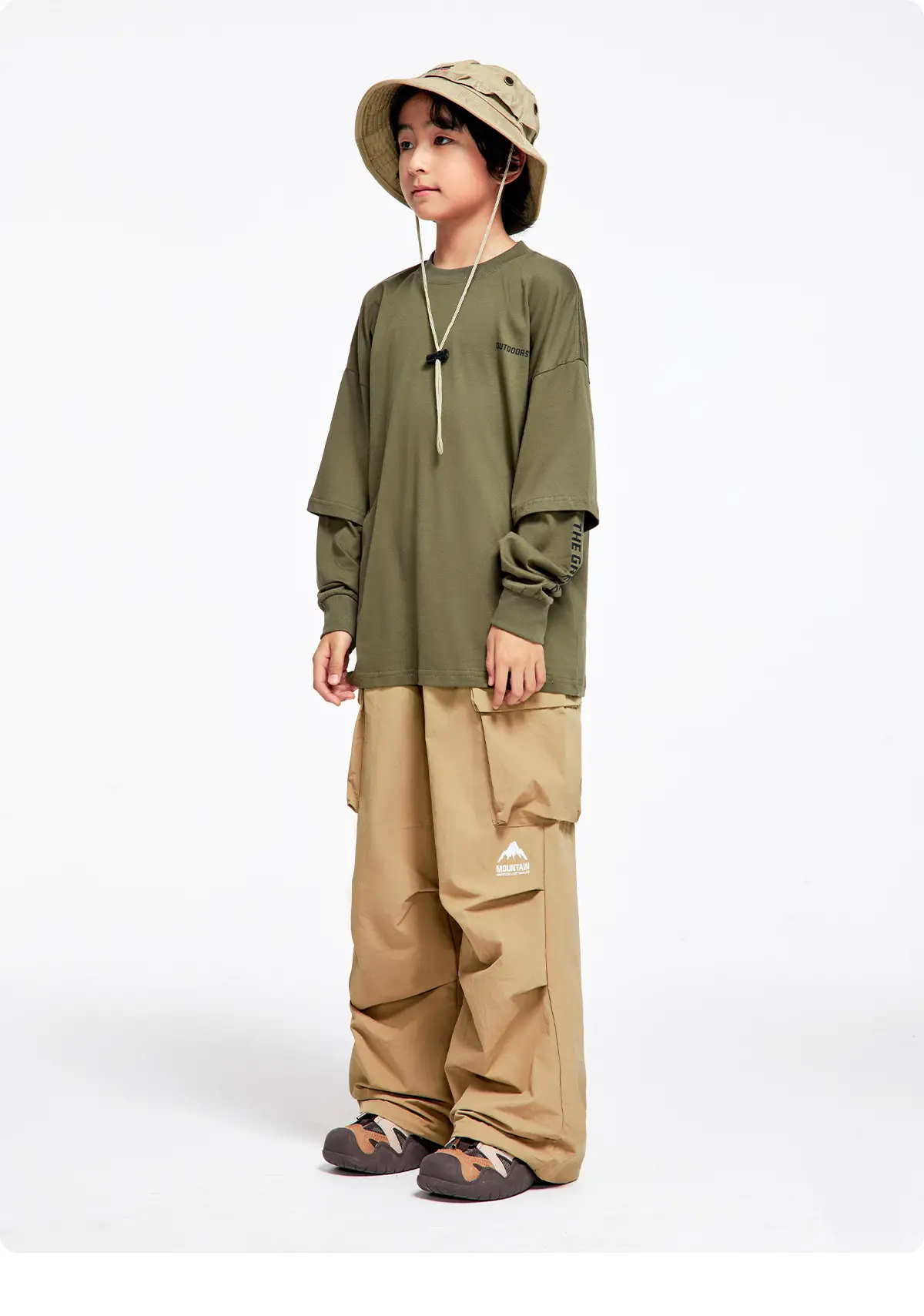 Kids Outdoor Hooded T-Shirt Set Green Brown — feature 17