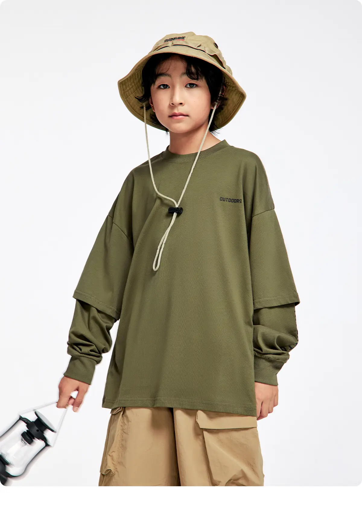 Kids Outdoor Hooded T-Shirt Set Green Brown — feature 19