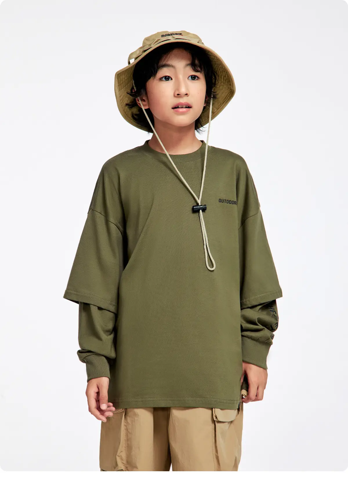 Kids Outdoor Hooded T-Shirt Set Green Brown — feature 20