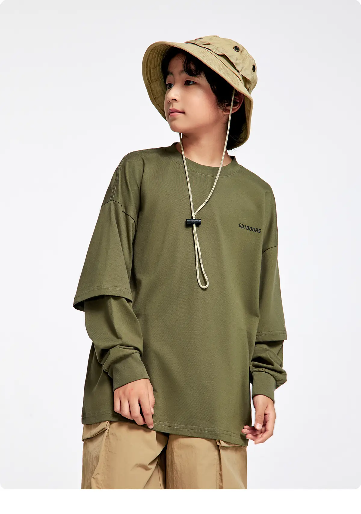 Kids Outdoor Hooded T-Shirt Set Green Brown — feature 21