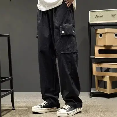 Men's Black Wide Leg Cargo Pants Spring Autumn - Image 4