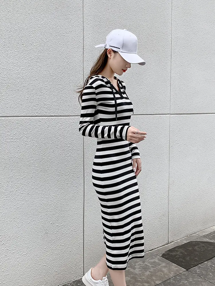 2024 Black White Striped Long Dress Slim Fit Hooded Hip Dress - Image 3