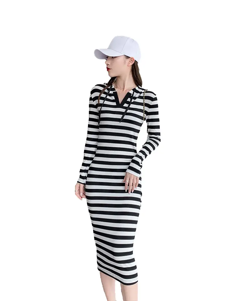 2024 Black White Striped Long Dress Slim Fit Hooded Hip Dress - Image 6