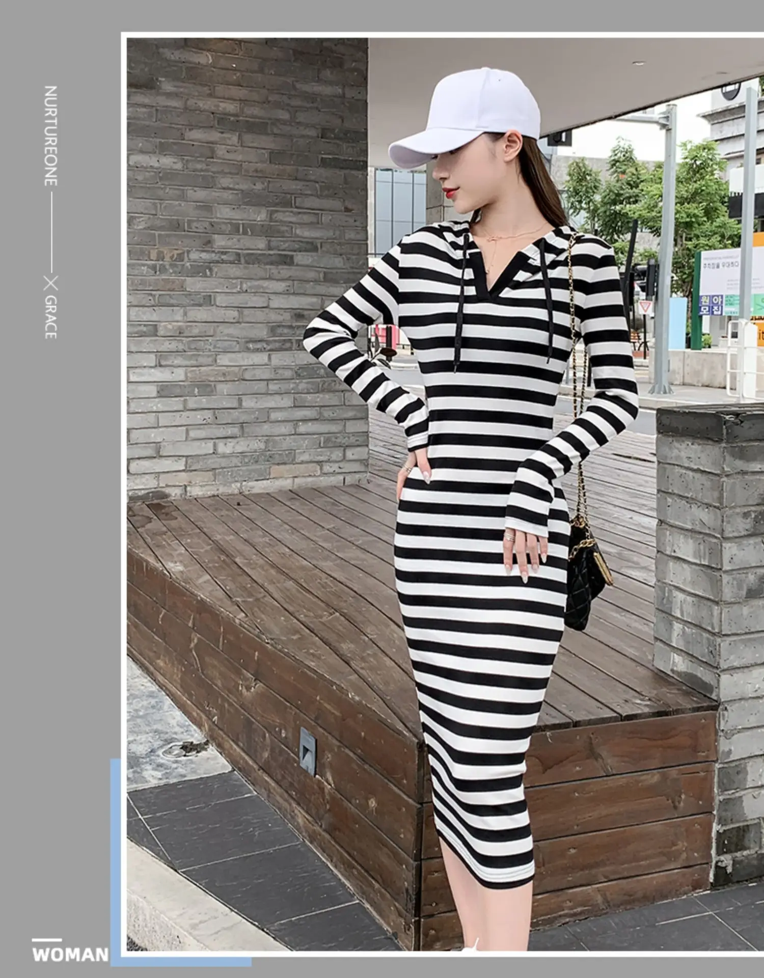 2024 Black White Striped Long Dress Slim Fit Hooded Hip Dress — feature 2