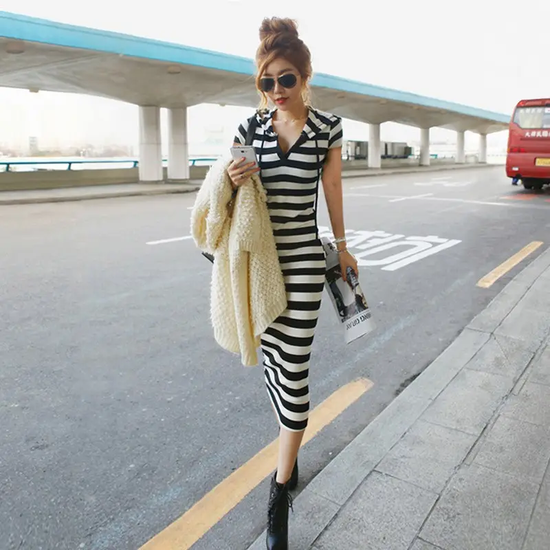 2024 Black White Striped Long Dress Slim Fit Hooded Hip Dress — feature 3