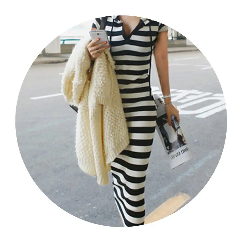 2024 Black White Striped Long Dress Slim Fit Hooded Hip Dress — feature 5