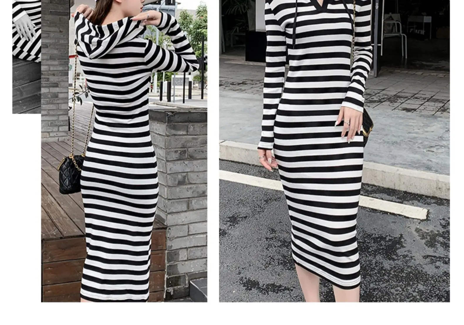 2024 Black White Striped Long Dress Slim Fit Hooded Hip Dress — feature 8