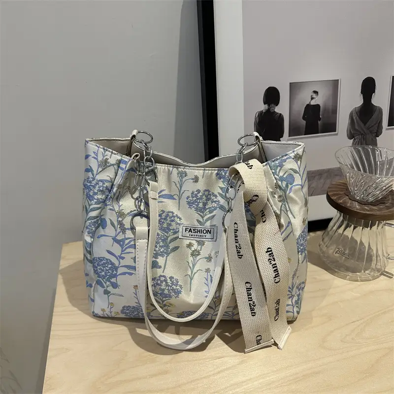 Women's Blue Floral Shoulder Bag with Ribbon - Image 2
