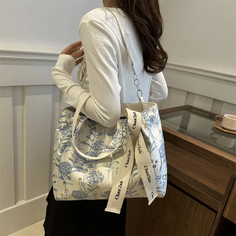 Women's Blue Floral Shoulder Bag with Ribbon - Image 3