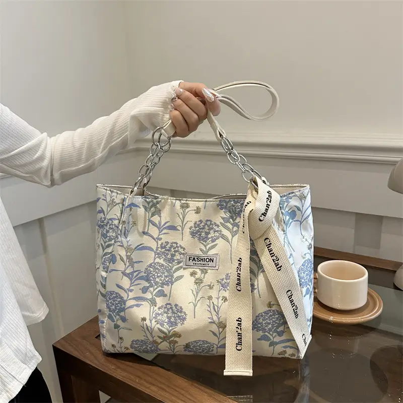 Women's Blue Floral Shoulder Bag with Ribbon - Image 4