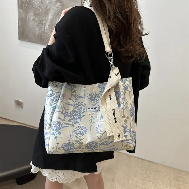 Women's Blue Floral Shoulder Bag with Ribbon - Image 5
